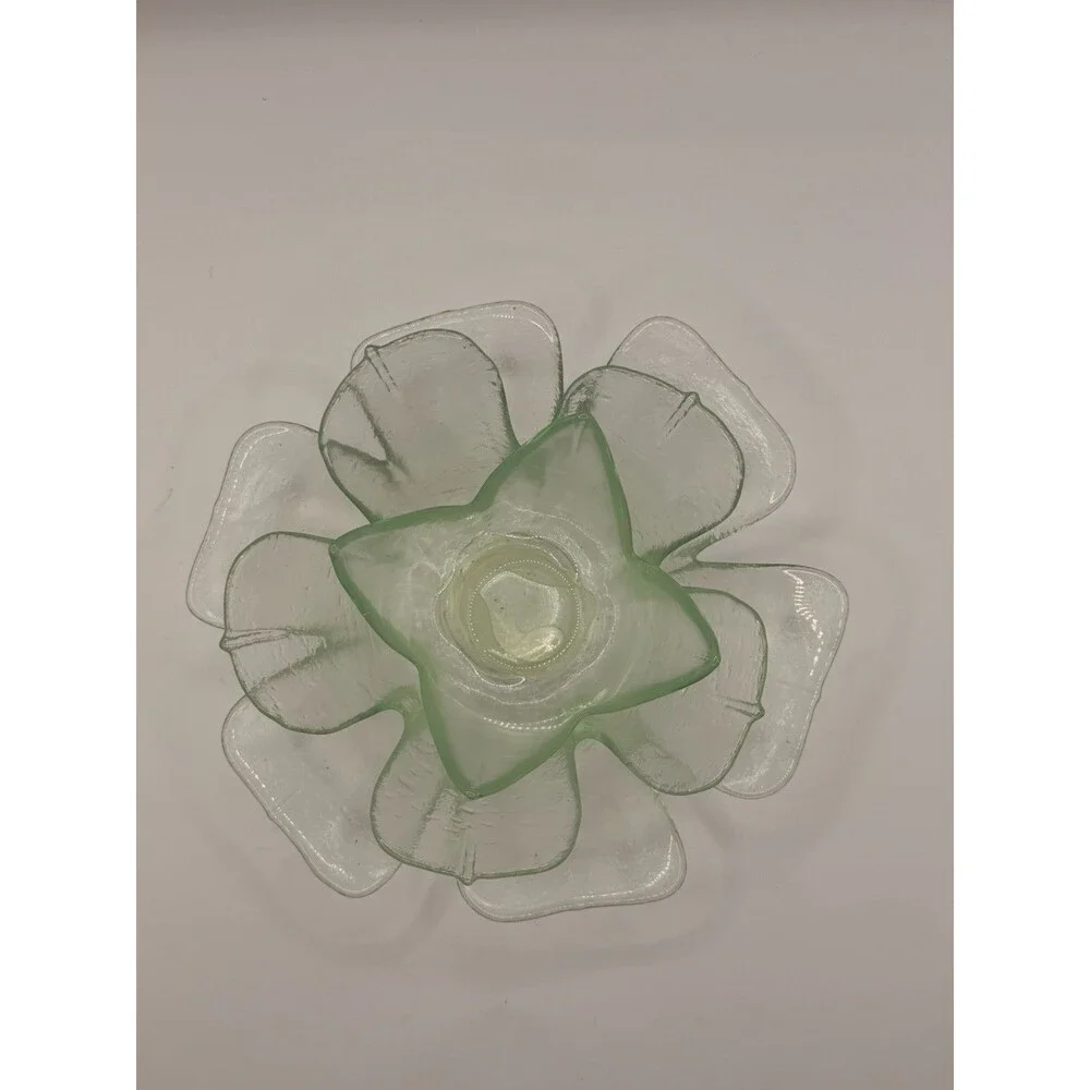 Vintage Green Glass Flower Lotus Votive Teal Light Candle Holder Dish 7”